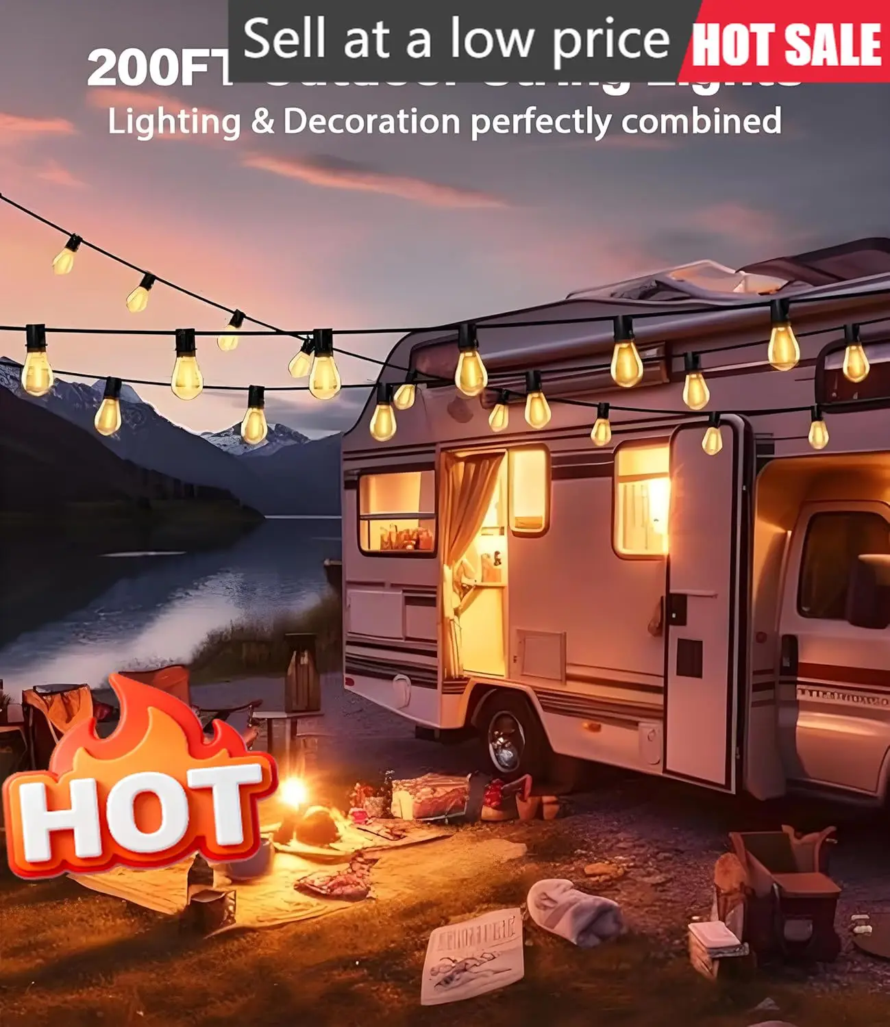 

Outdoor String Lights 200FT LED Shatterproof Bulbs Dimmable Remote Timing Light Modes Outside Patio Backyard Porch Deck Garden B