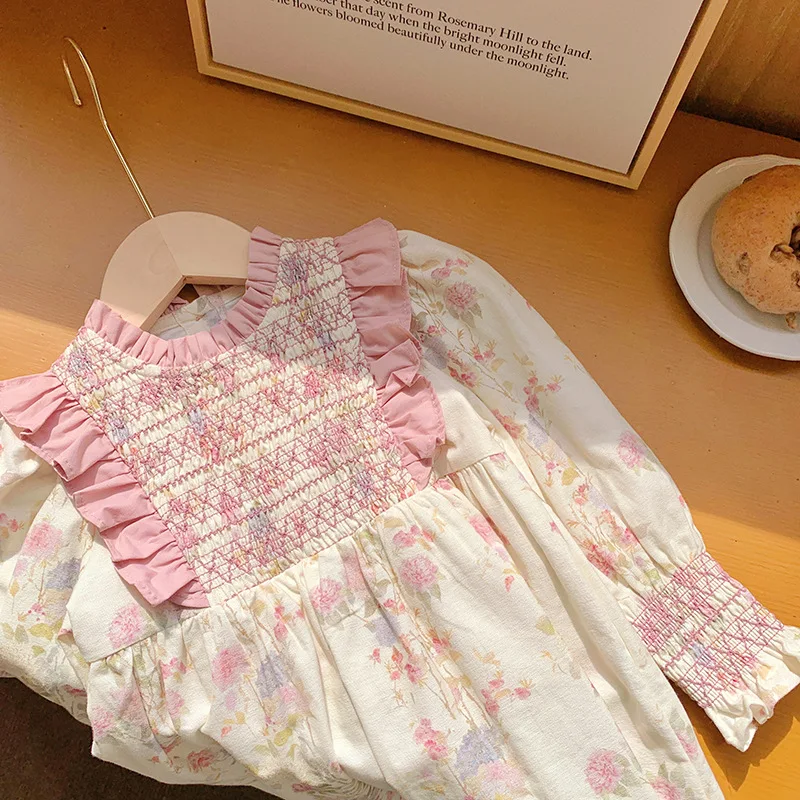 Girls Skirt French Stand Collar Cable Long-sleeved Girls Dress 2024 Autumn Korean Floral Style Children Princess Dress Simple