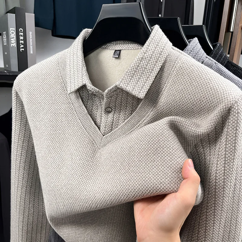 

2025 Winter Snow Mink Fake Two-piece Men's Long Sleeve POLO Shirt Casual Versatile Fleece Warm Men's Top