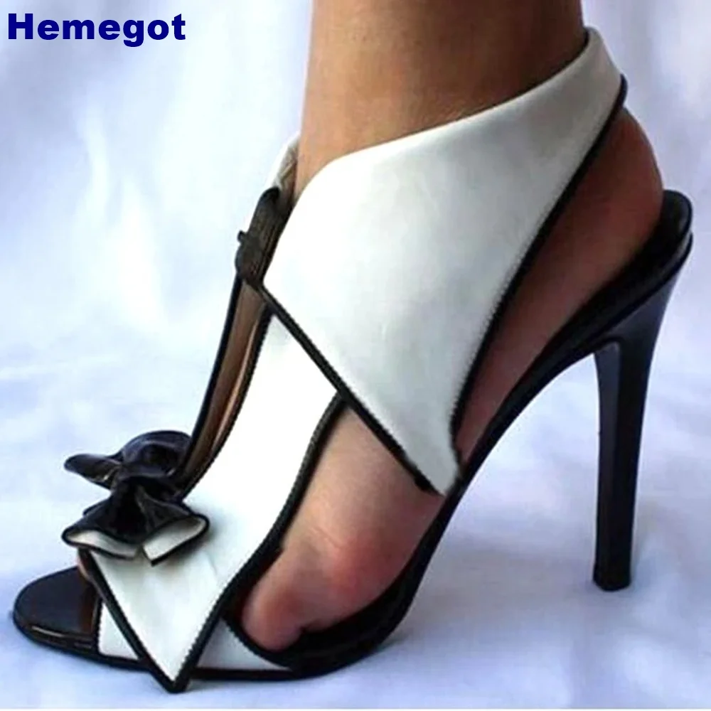 

Bowknot Sexy Black White Stitching Sandals Summer Open Toe Hollow Catwalk Ins Style Stiletto Heels Fashion Ladies Party Sandals