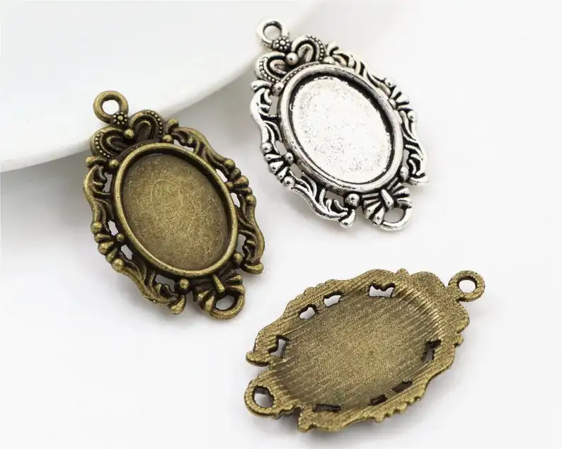 20pcs 10x14mm Inner Size Antique Silver Plated Bronze Classic Flower Style Cameo Cabochon Base Setting Pendant necklace findings
