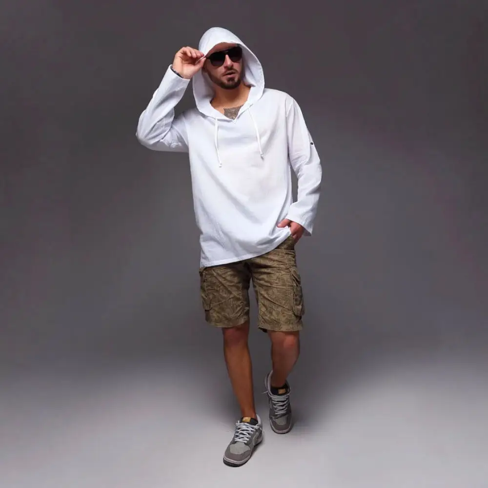 Mens Casual Long Sleeve Hooded Shirt Linen Blend Lightweight Pullover Breathable Outdoor Beach Vacation Sun Protection