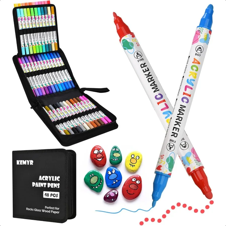 

48 Colors Acrylic Paint Pens Dual Tip Acrylic Paint Markers for Paper Wood Canvas Stone Rock Painting Glass Fabric DIY Ceramic