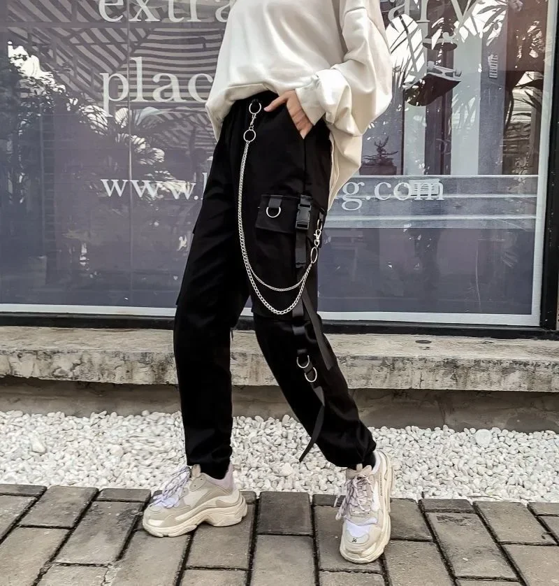 Schwarze Freizeithose für Damen im Frühling und Herbst, koreanischer Stil, Ins Hip-Hop-Student, lockere, hoch taillierte, schmal geschnittene Cargohose, trendig – Detail 10