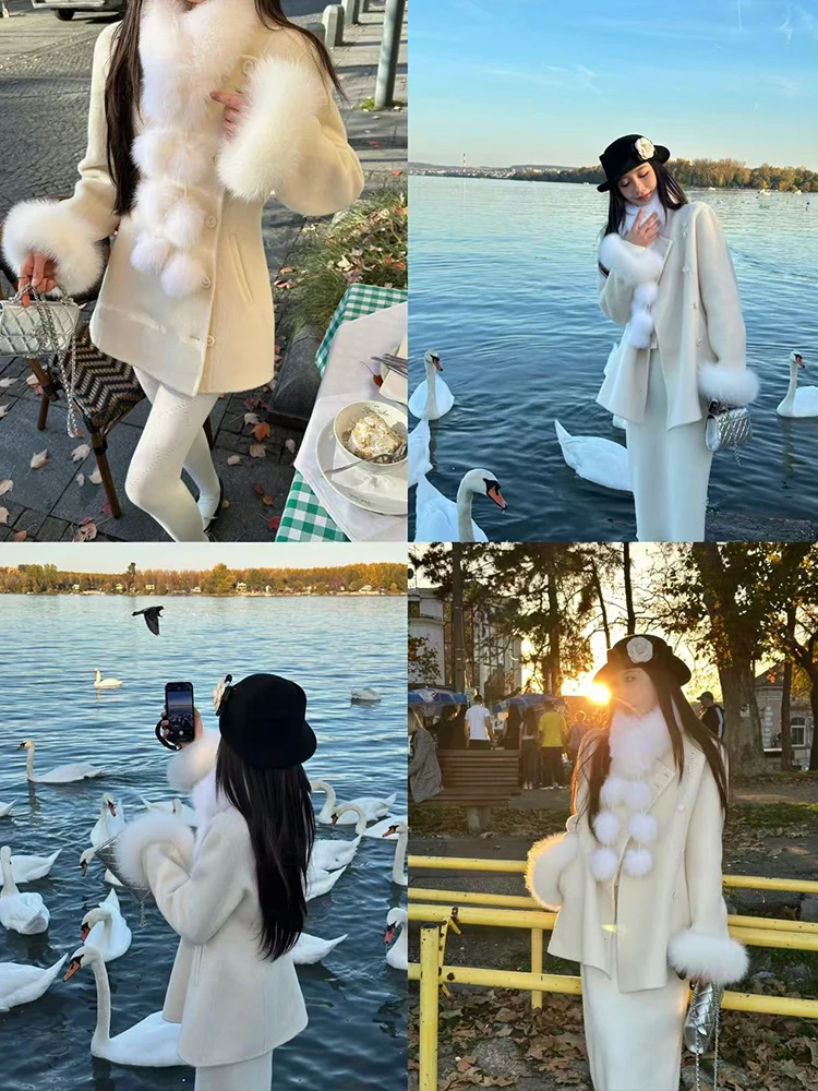 

ZQ Double-Faced Woolen Coat for Women Winter Luxury Real Collar Snow Velvet Jaet 00 Woolen Commute Sle Loose Fit