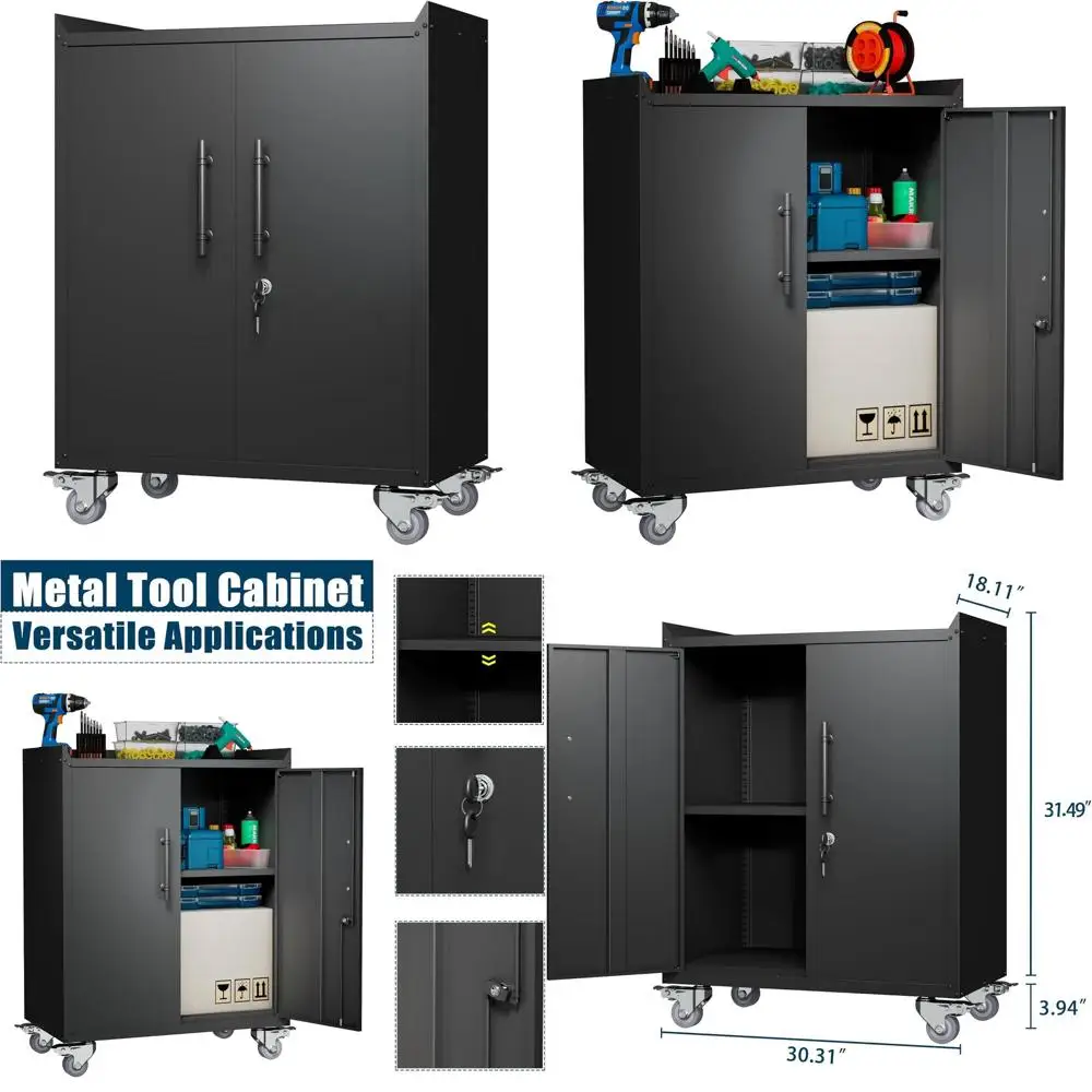 

Портативный запираемый металлический шкаф для инструментов с колесиками, сундук для хранения на колесиках, требуется сборка, размеры: H35xW30,3xD18