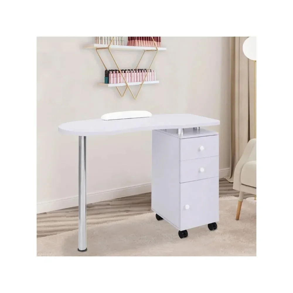 

Manicure Table Nail Desk with Drawers Single Cabinet on Wheels & Arm Rest Cushion, Mobile Beauty Spa Salon Home Wooden