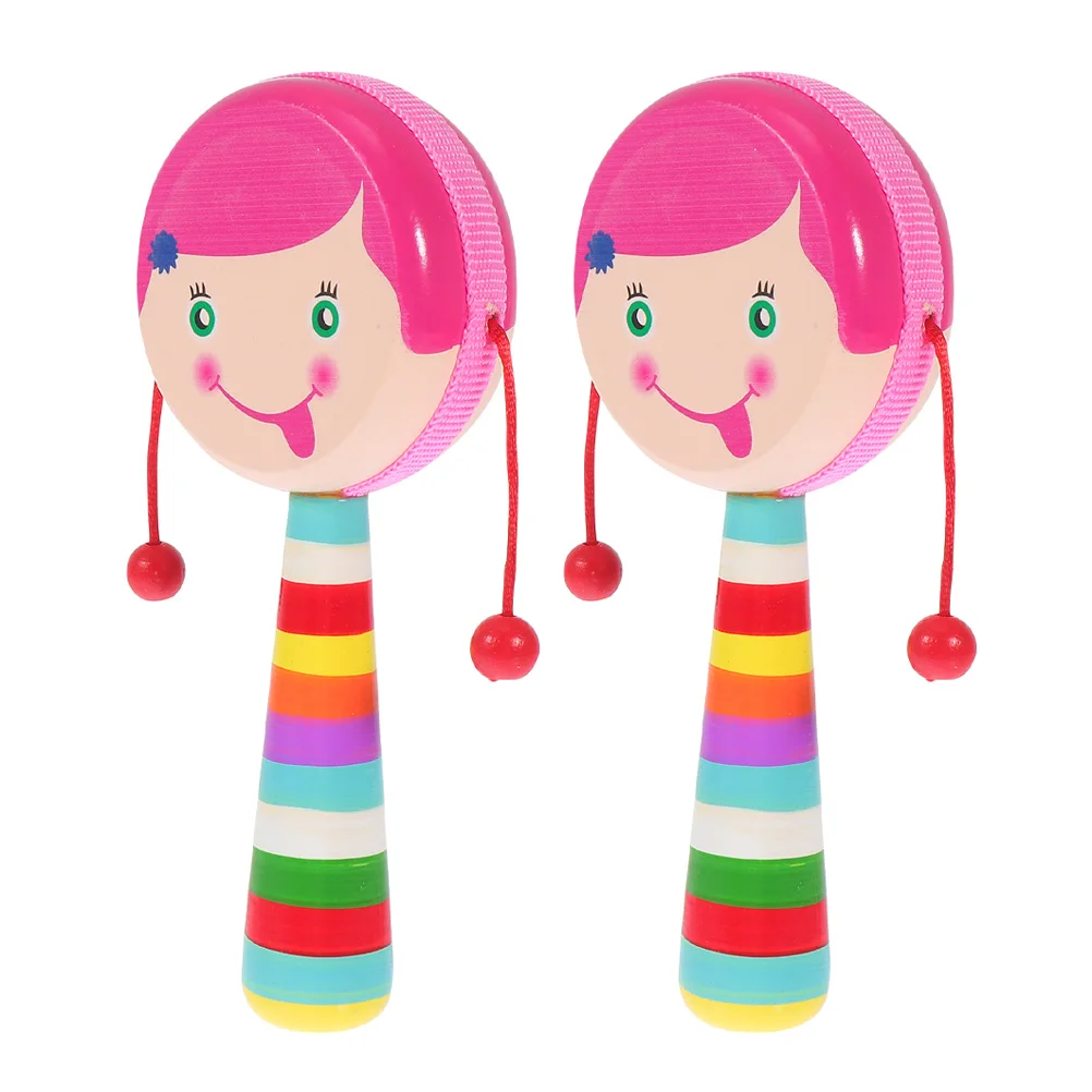 2 stuks houten stevige babyhandrammelaar kleine muzikale voor kinderen met cartoonontwerp veilige lichtgewicht huidvriendelijke handheld