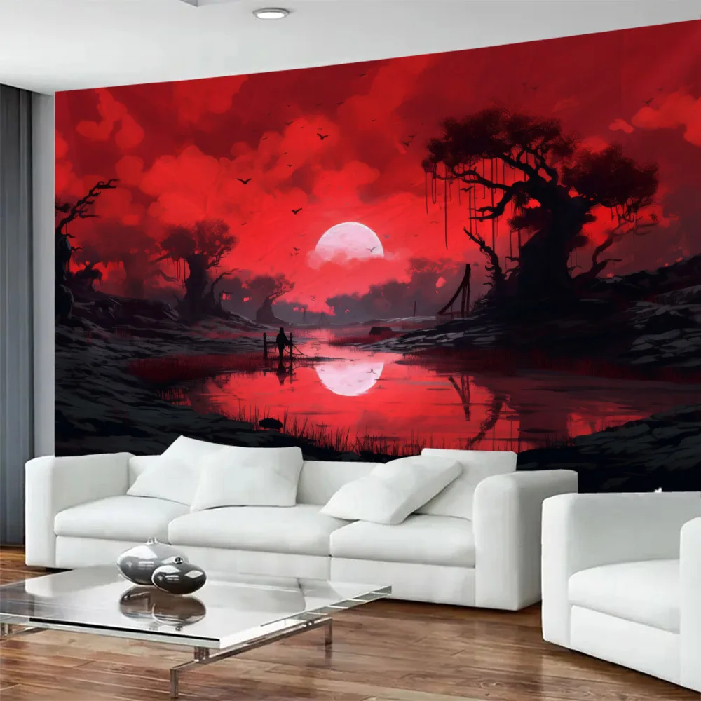 Red & Black Cherry Blossom Forest Tapestry Beautiful Countryside Wall Hanging for Living Room University Dormitory Decor