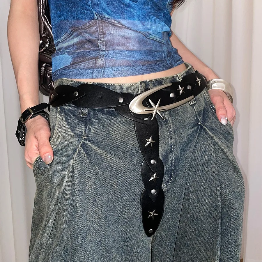 Punk Fashion Niche Moon Five-pointed Star Inlaid Belt Black Belly High-end Belt Jeans Hot Girl Decorative Belt