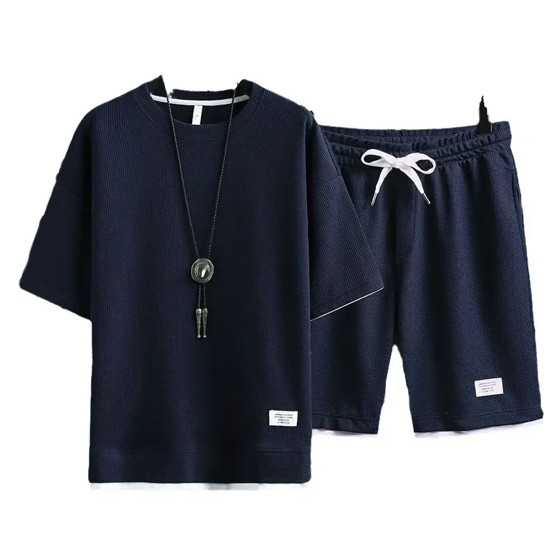 Ice Silk Men's High Quality New Summer Round Neck Short Sleeve Men Casual Sports Set Loose T-shirt Shorts Waffle Style Clothing