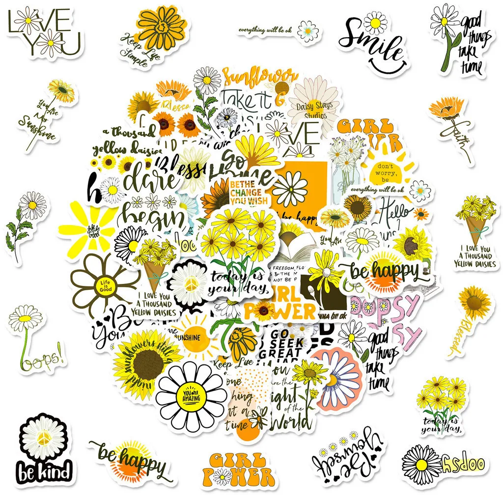 50Pcs Sunflower Stickers with Inspirational Quotes, Waterproof Graffiti Stickers for Bike, Pencil Case Peel Joy Sticker Store