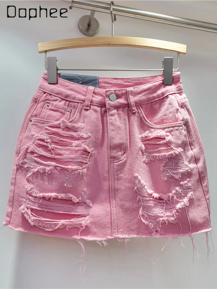 Ripped High Waist Denim Skirt Women 2024 Spring Summer Hot Girl Style Pink A-Line Sheath Skirts Female Korean Fashion Clothing