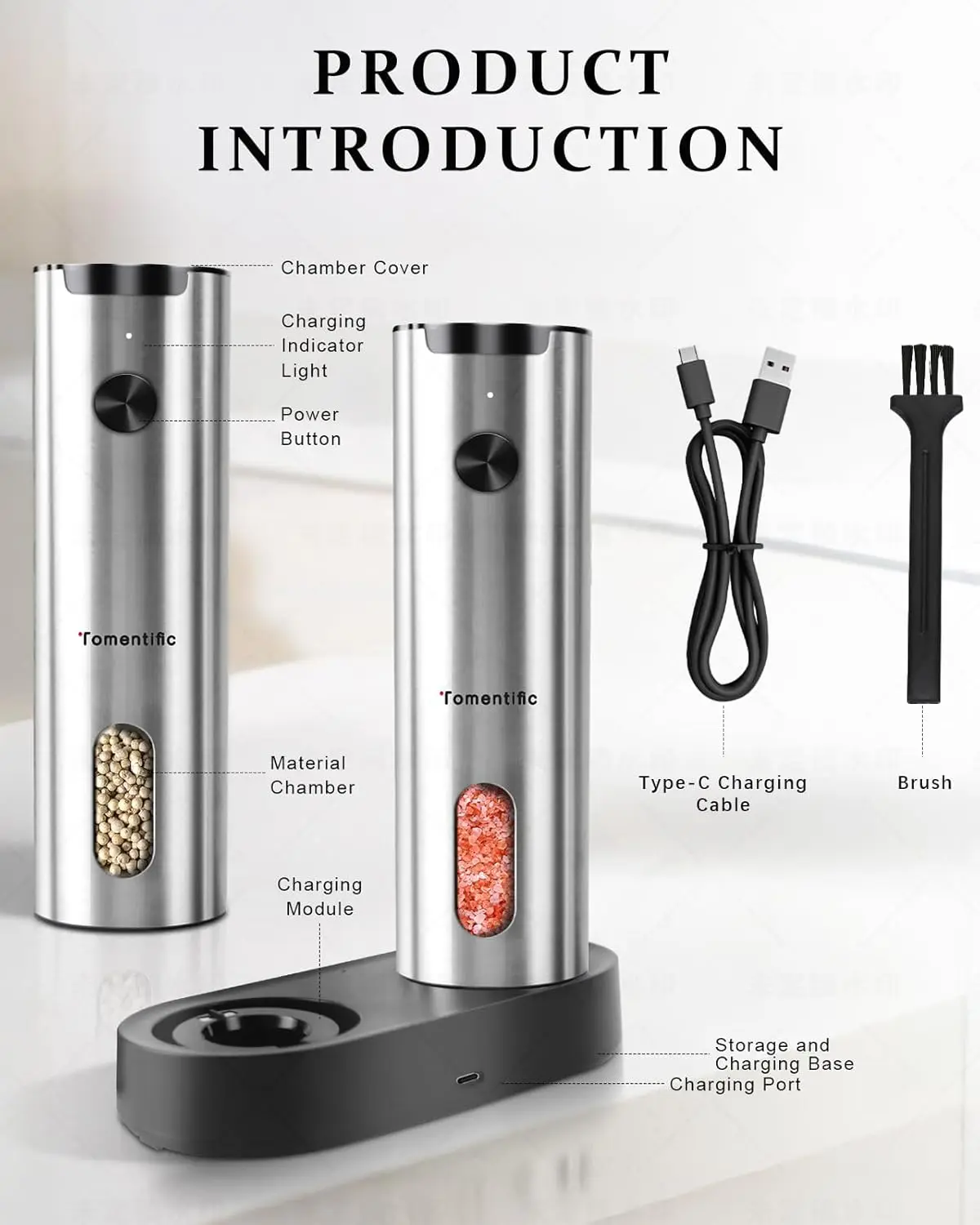 مجموعة مطحنة الملح والفلفل الكهربائية القابلة لإعادة الشحن مع ضوء LED، سعة كبيرة، خشونة قابلة للتعديل للمطبخ والهدايا #5