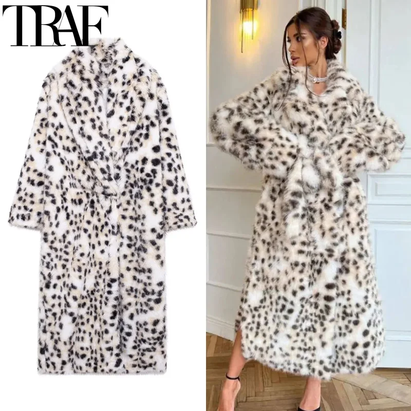 TRAF Long Faux Fur Coat Women Leopard Print Warm Winter Woman Coat Furry Luxury Fake Fur Coat Autumn Long Sleeve Fluffy Jacket