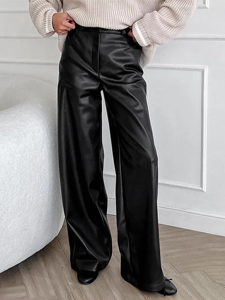 Chic Pu Leather Pants For Women Locomotive High Waist Loose Female Long Trousers Autumn Casual Black Ladies High Street Bottom