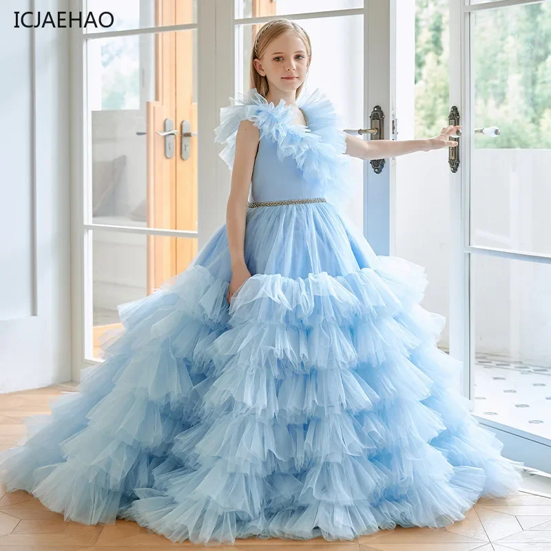 Amazing Cloud Tulle Ball Gown Wedding Girl Dress Extra Lush Tiered Tulle Blue Backless Photoshoot Pageant Party Kids Dresses