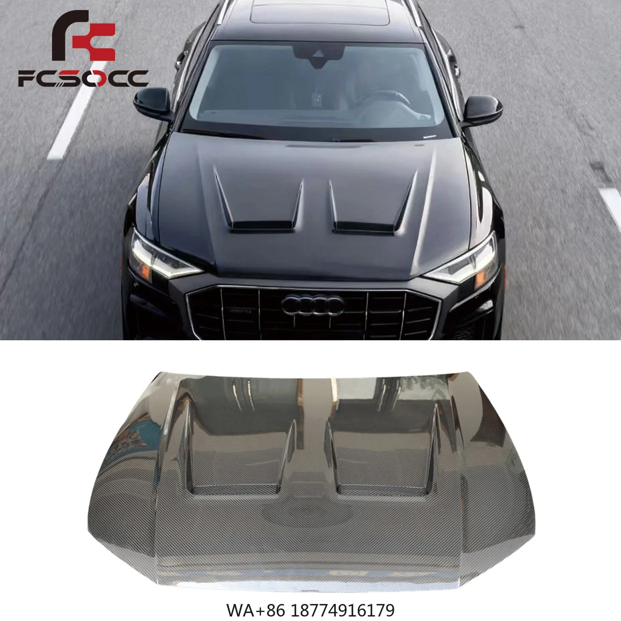 

Для Audi Q8 2019-2024: Капот из углеродного волокна, крышка двигателя, обвес, автозапчасти и аксессуары