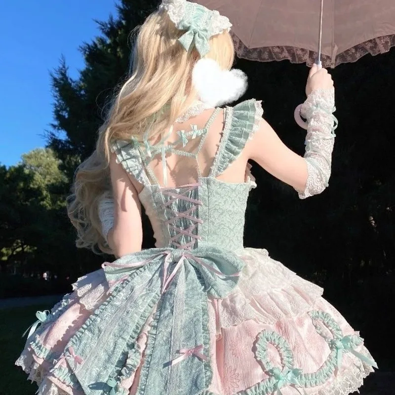 Vestidos de renda arco y2k jk original lolita jsk borboleta doce azul rosa em camadas plissado espartilho roupa princesa festa cosplay novo