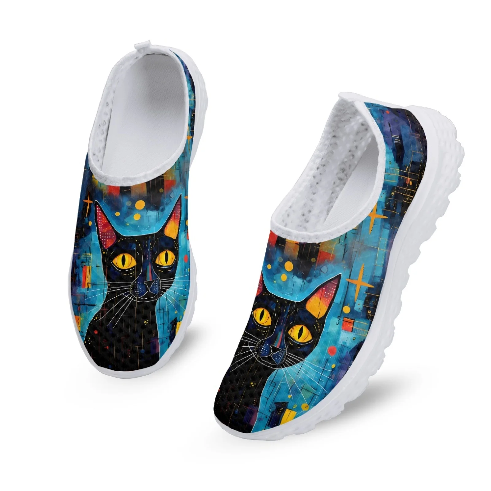 INSTANTARTS Slip On Shoes For Women Hand Painted Black Cat Designer Summer Mesh Shoes Lightweight Home Loafers Cartoon Cat Shoes