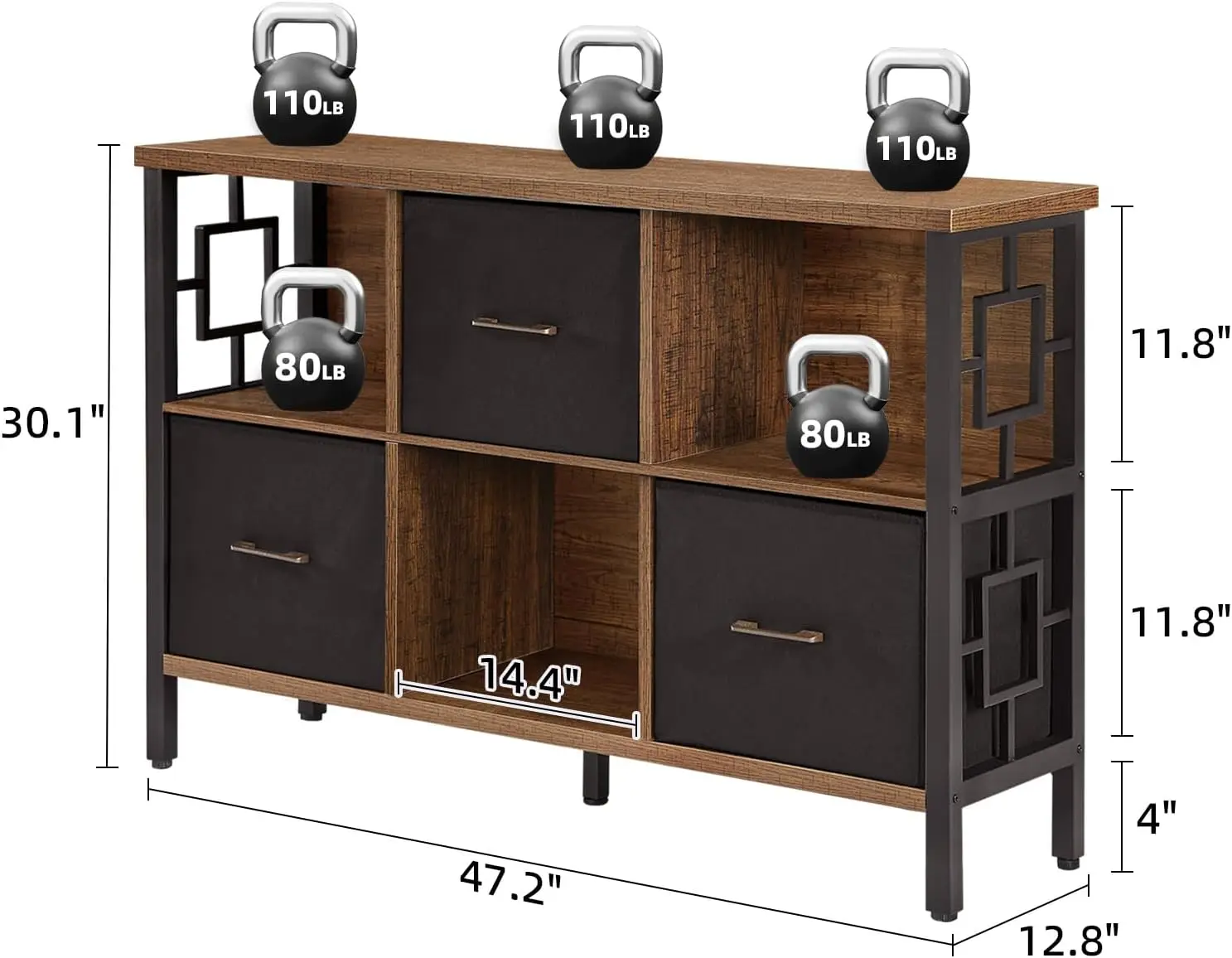 Rustic 6-Cube Storage Shelf with Metal Frame and 3 Bin Organizers