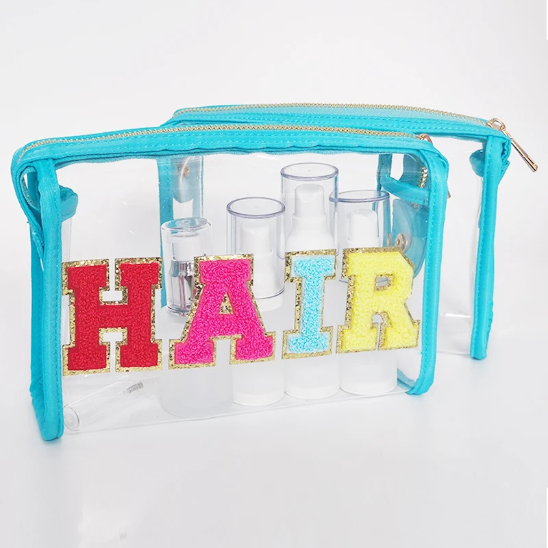 Clear Travel Make Up Cosmetic Bag  Pouches Available Transparent Letter Patches Color Waterproof Cosmetic Toiletry Bag Organizer