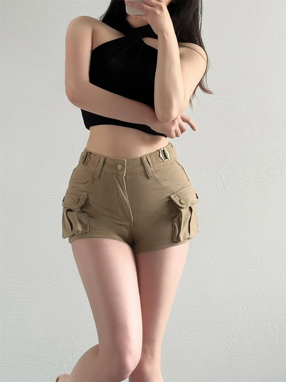 Summer Spicy 2024 Girl Adjustable High Waisted Three-dimensional Pocket Cargo Shorts Women Elastic Slim Denim Shorts D69L