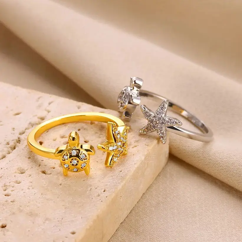 Cute Zircon Turtle Starfish Rings for Women Gold Color Adjustable Opening Tortoise Starfish Ring Wedding Jewelry Beach Gift