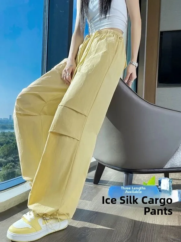Authentic Summer 2026 Thin Wide Leg Workwear Pants Cuffed Casual Sports Women's Trousers High Waist Polyester Fiber Ladies