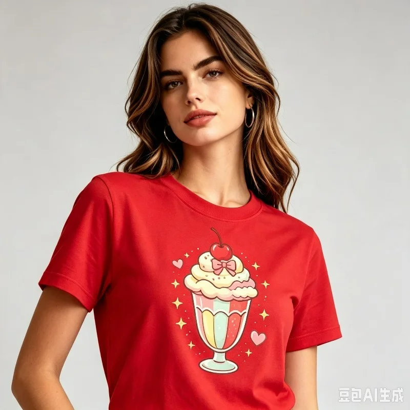 Summer Women T-Shirt Cute Ice Cream Cherry Heart Print Short Sleeve Casual Kawaii Graphic Tees Female Fashion Tops