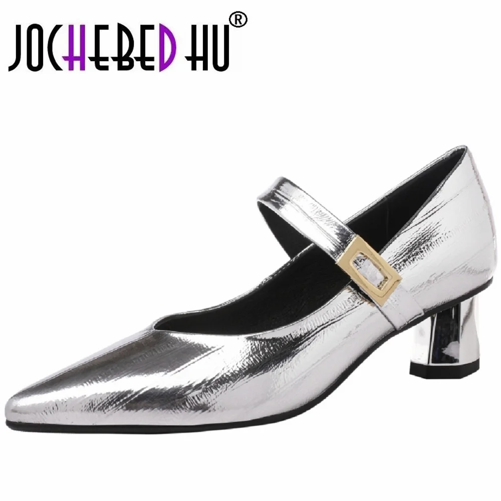 

【JOCHEBED HU】Women's Genuine Leather Shoes for Women Square Toe Chunky Heel Shoes Mid Heel Mary Janes Fashion Golden Shoes 34-40