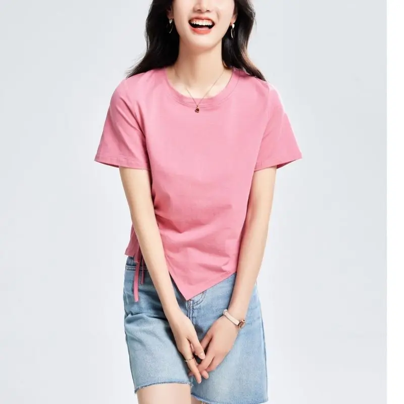 2023 Female Clothing Summer New Fashion Versatile Casual Women's T-shirt Solid Round Neck Pleated Short Sleeve Tops