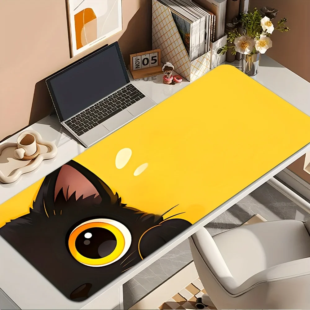 Cute Black Cat Large Mouse Pad, Yellow Aesthetic Desk Mat, Non-Slip Kawaii Gaming Pad
