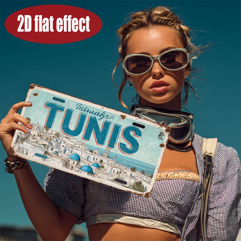 Tunis Tunisia White & Blue Cityscape 2D Flat Printing License Plate Style Metal Tin Sign, North African Travel Themed Decorative