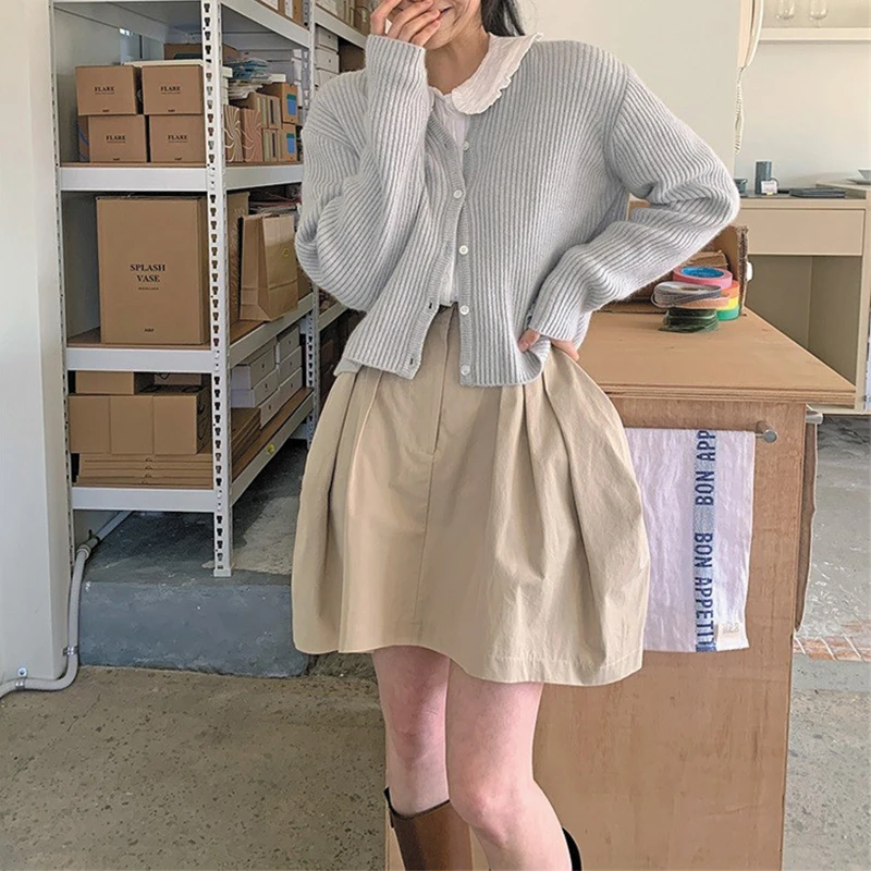 High Waist A-Line Pumpkin Skirt Women's Spring Summer New Style Khaki Folded Fluffy Half-length Skirt for Young Ladies
