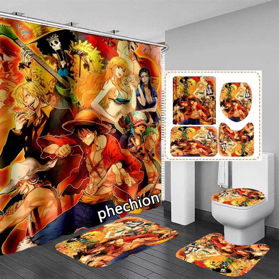 phechion Anime One Piece 3D Print Waterproof Bathroom Shower Curtain Toilet Cover Mat Non-Slip Floor Mat (1/3/4Pcs) W61