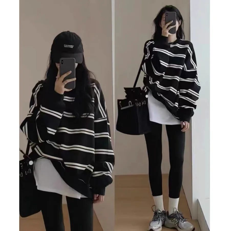 Autumn Loose-fit O Neck Black Striped Long Sleeve Sweatshirt Women Fall Casual Lazy Plus Size Top Trendy Pullovers Clothing