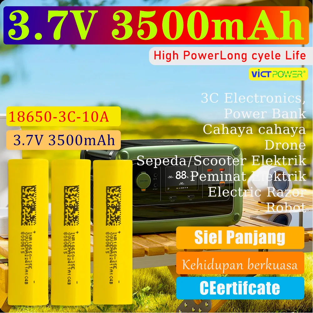 

100PCS Victpower high rate cell 1000 times long life Rechargeable lithium-ion Battery INR18650-35E 3500mAh Battery 3.7V 3C 10A