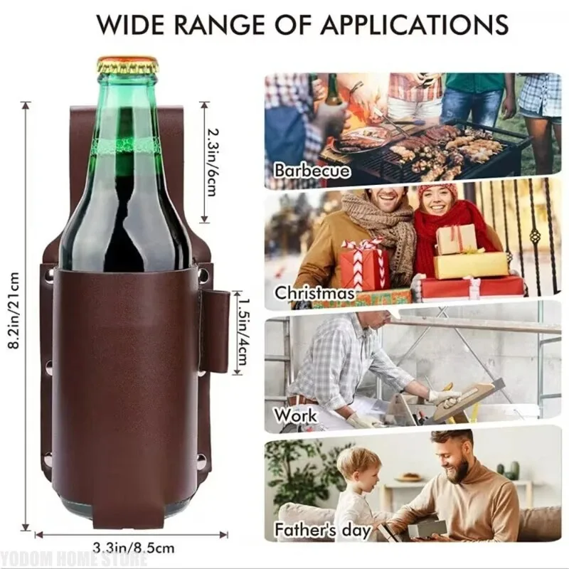PU Leather Beer Bottle Holster with Pen Holder Hands-Free Soda Can Waist Bag, Portable Cup Belt Pouch, Cool Gifts for Men Father