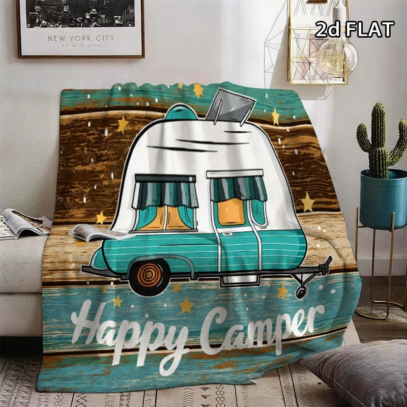 Vintage Happy Camper Flannel Blanket Retro RV Trailer Lightweight Cozy Throw for Bedroom Office All Season Daily Use Here Too