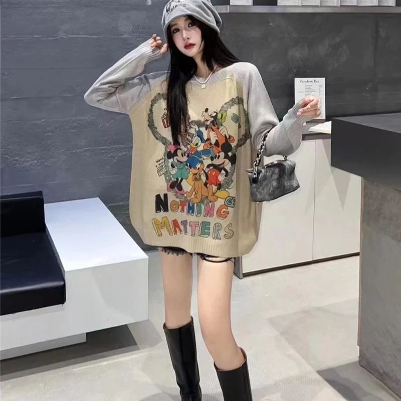 2025 New Arrival Women's Disney Multi-Character Graphic Knitted Sweater - Colorblock Sleeves Oversized Edgy Casual Fall Top