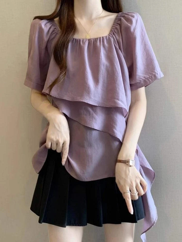 

plus Size Women's Square Collar Design Sense Layered Sa Chiffon irt Thin Belly Concealing Thin Sle Upper Body