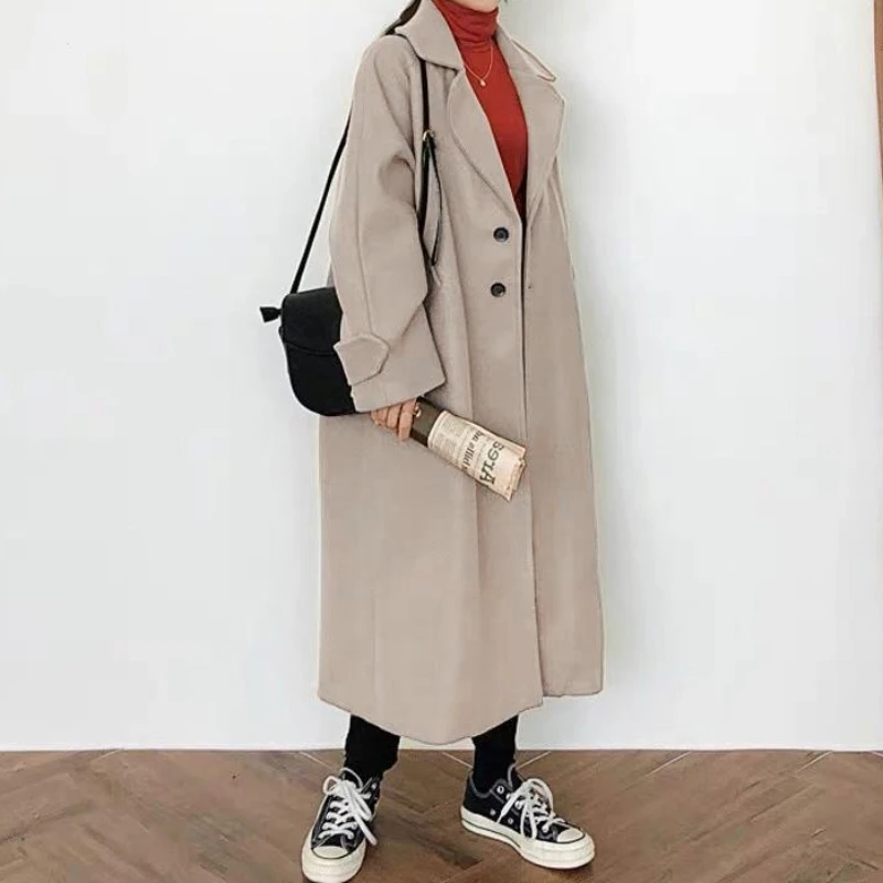 Giacca in tweed invernale da donna sopra il ginocchio di media lunghezza versione coreana del cappotto di lana nero addensato foresta allentata per studenti