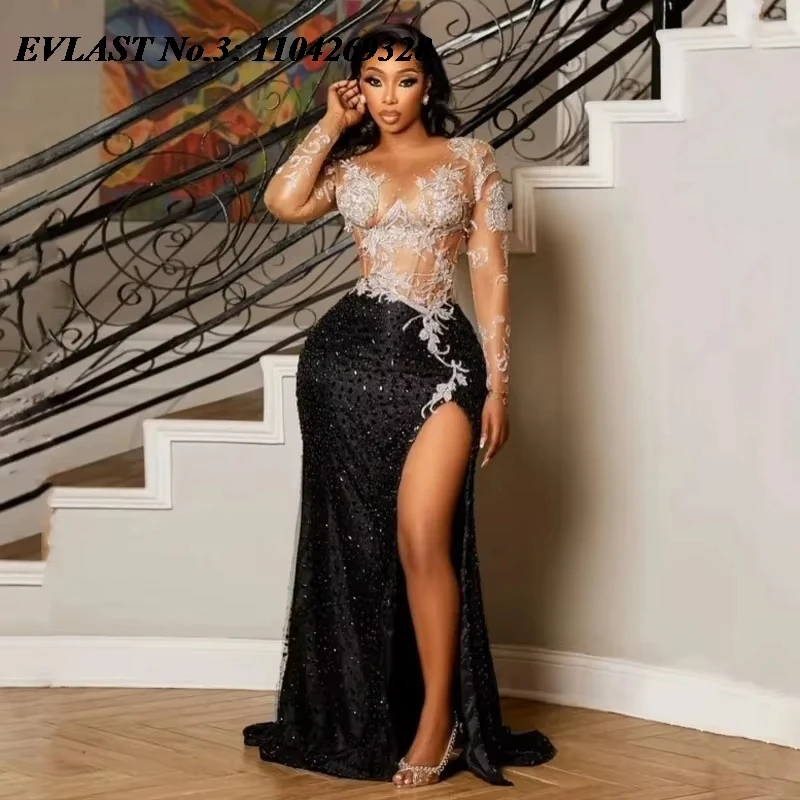 

EVLAST Customized Saudi Arabia Black Prom Dress Diamond Crystal Beaded Lace High Slit African Evening Gown Robe De Soirée E3P491