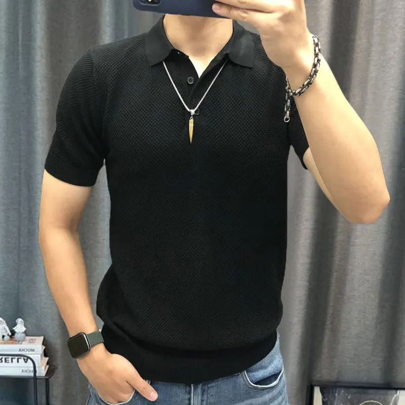 Quality British Slim Lapel Men Solid Color Polo Shirt Summer Man Ice Silk Short Sleeve Knitted Polo Top Camisa Hombre Polo Shirt