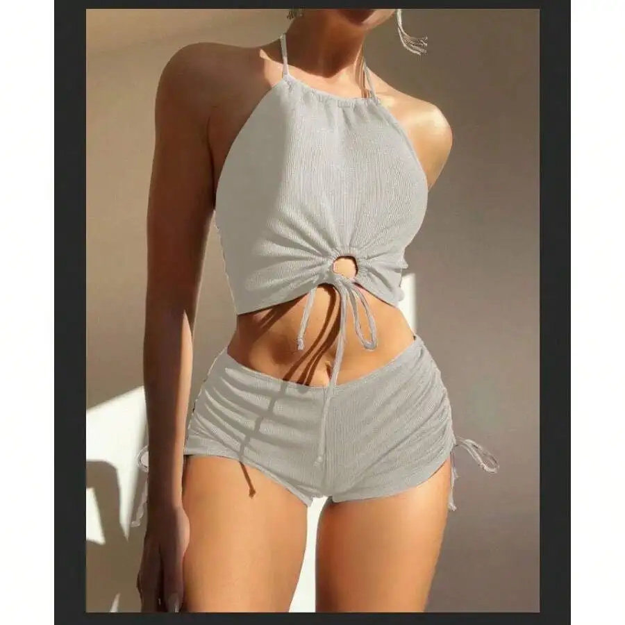 

Ribbed Knit 2-Piece Set Halter Crop Top With Side-Tie Ruched Shorts Casual Summer Beach Cover-Up
