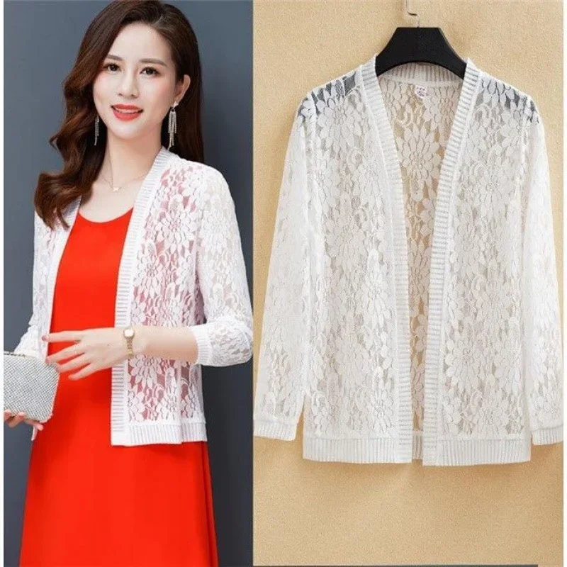 Women Shirt Sunproof Blouse Boho Tops Summer Hollow Cardigan Beach Lace Chiffon Sunscreen Outwear Casual Long Sleeve Shirt Coat