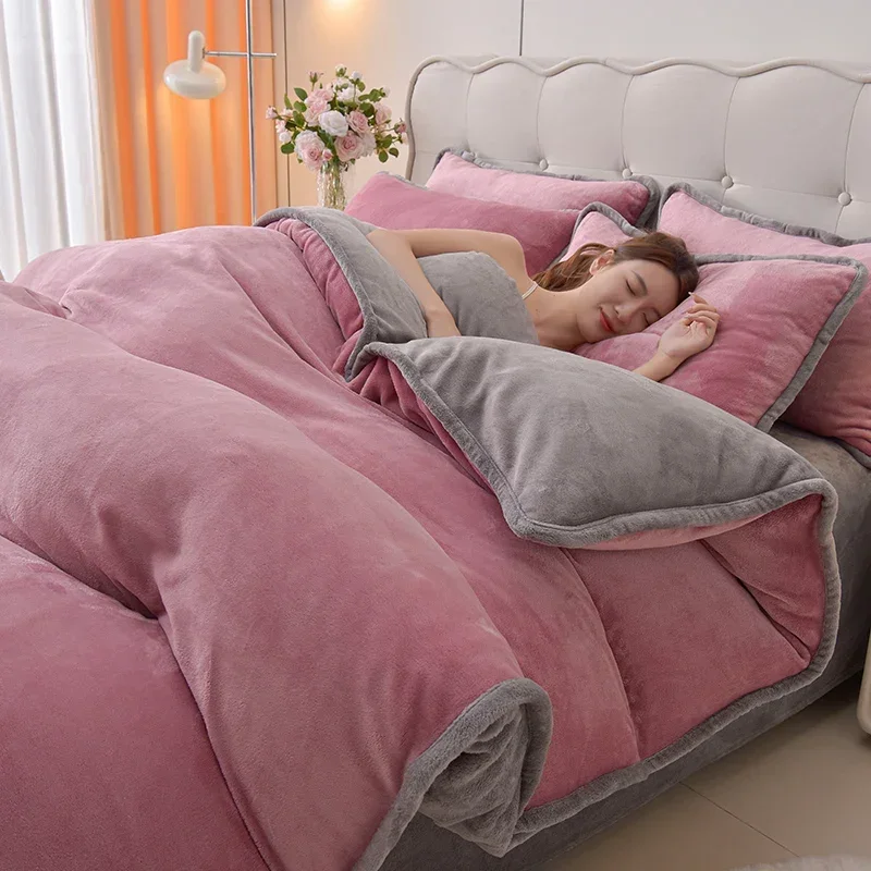 Simple wind milk fleece four-piece set thickened coral fleece solid color bed sheet quilt cover single piece fleece winter - view 3