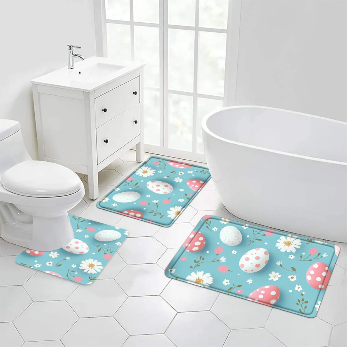 

Easter Egg Daisy Print 3 Piece Bath Mat Set Anti Slip Soft Absorbent Bathroom Rugs Toilet Seat Cover Home Decor
