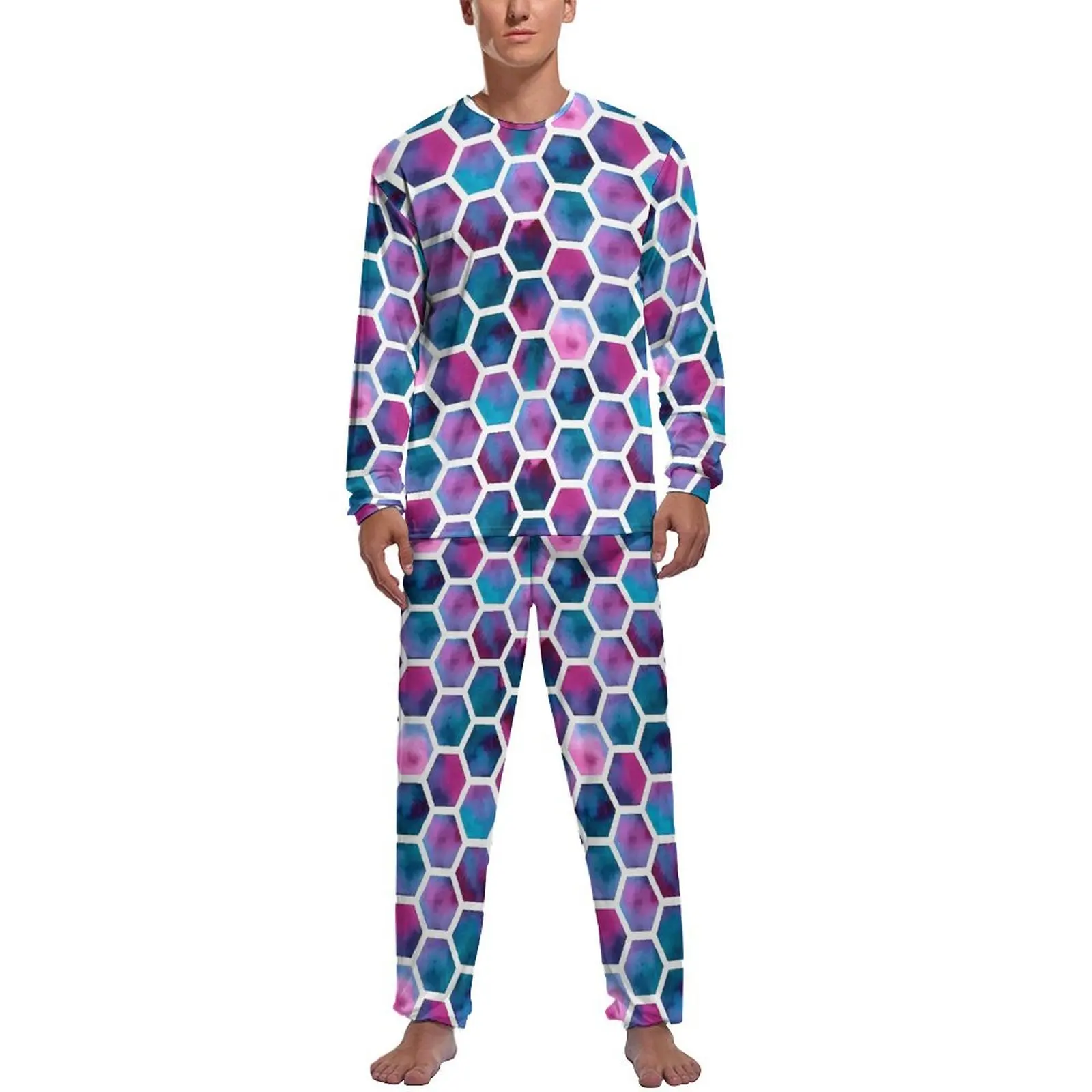 

Watercolor Hives Pajamas Honeycombs Print Male Long-Sleeve Kawaii Pajama Sets 2 Piece Sleep Autumn Custom Sleepwear Gift